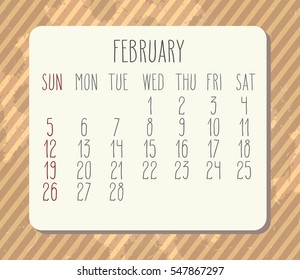 February 2017 vector calendar with hand drawn text over vintage brown striped textured grunge background. Week starting from Sunday.
