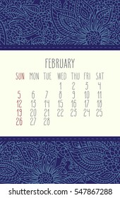 February 2017 vector calendar over blue lacy doodle hand drawn background, week starting from Sunday.