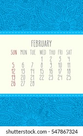 February 2017 vector calendar over lacy doodle hand drawn background, week starting from Sunday.