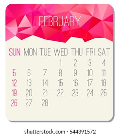 February 2017 vector calendar. Week starting from Sunday. Contemporary low poly design in hot pink color.