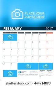 February 2017. Wall Calendar Planner Template for 2017 Year. Vector Design Print Template with Place for Photo and Notes. Week Starts Monday. 3 Months on Page