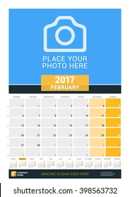 February 2017. Wall Monthly Calendar for 2017 Year. Vector Design Print Template with Place for Photo and Year Calendar. Week Starts Monday
