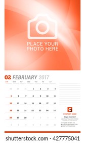 February 2017. Wall Monthly Calendar for 2017 Year. Vector Design Print Template with Place for Photo. Week Starts Sunday. Planner Template. Stationery Design