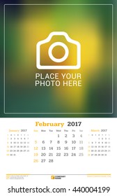 February 2017. Wall Monthly Calendar for 2017 Year. Vector Design Print Template with Place for Photo. Week Starts Sunday. 3 Months on Page