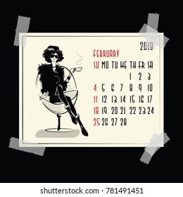 February. 2018 American and Canadian calendar with fashion girl in sketch style.