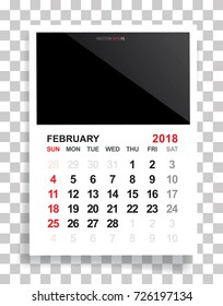 February 2018 - Calendar background with empty photo area. White sheet of paper on a transparent background. Vector illustration.
