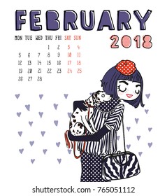 February. 2018 calendar. Cute girl with dog. Can be used like greeting cards.