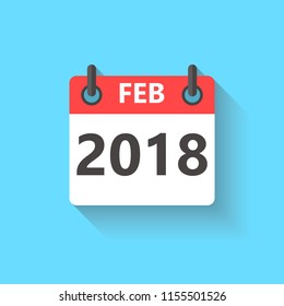 February 2018 calendar flat style icon with  shadow.
