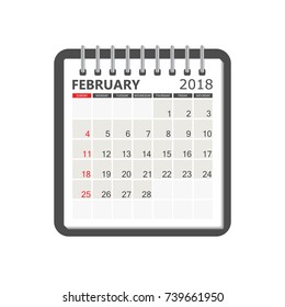 February 2018 calendar. Calendar notebook page template. Week starts on Sunday. Business vector illustration.