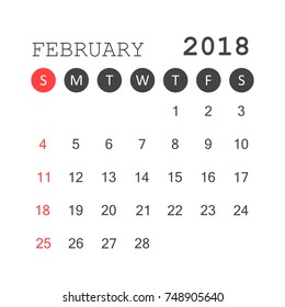 February 2018 calendar. Calendar planner design template. Week starts on Sunday. Business vector illustration.