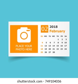 February 2018 calendar. Calendar planner design template with place for photo. Week starts on sunday. Business vector illustration.