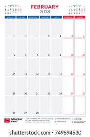 February 2018. Calendar planner design template. Portrait orientation. Week starts on Monday. Stationery design