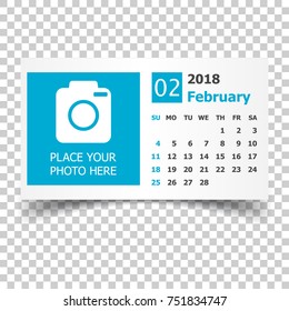 February 2018 calendar. Calendar planner design template with place for photo. Week starts on sunday. Business vector illustration.