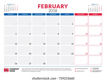 February 2018. Calendar planner design template. Week starts on Monday. Stationery design