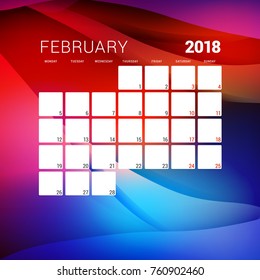 February 2018. Calendar planner design template with abstract background. Week starts on Monday