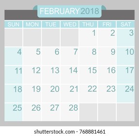 February 2018. Calendar planner design template. Week starts on Sunday.