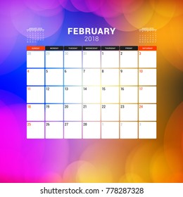 February 2018. Calendar planner design template with abstract background. Week starts on Sunday