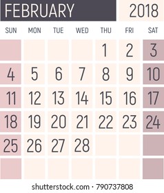 February 2018 Calendar planner design template. Lokanichny style. Vector