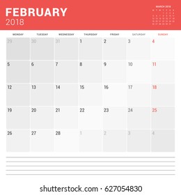 February 2018. Calendar planner vector design print template. Week starts on Monday. Stationery design
