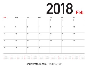 February 2018 calendar planner vector illustration, simple and clean design. 