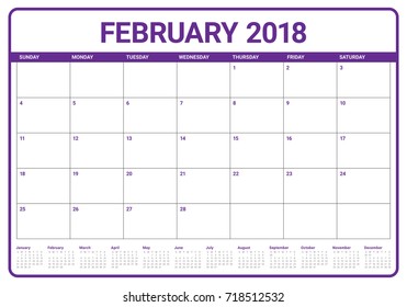 February 2018 calendar planner vector illustration, simple and clean design. 