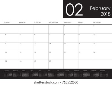 February 2018 calendar planner vector illustration, simple and clean design. 