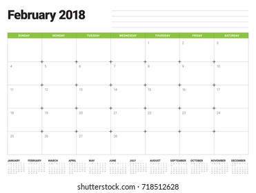 February 2018 calendar planner vector illustration, simple and clean design. 