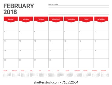 February 2018 calendar planner vector illustration, simple and clean design. 