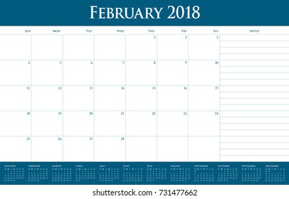 February 2018 calendar planner vector illustration, simple and clean design. 