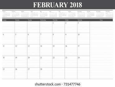 February 2018 calendar planner vector illustration, simple and clean design. 