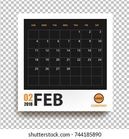 February 2018 calendar in realistic photo frame with shadow isolated on transparent background. Event planner. All size. Vector illustration