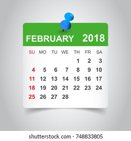 February 2018 calendar. Calendar sticker design template. Week starts on Sunday. Business vector illustration.