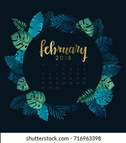 February : 2018 Calendar Template with Exotic Tropical Leaves : Vector Illustration