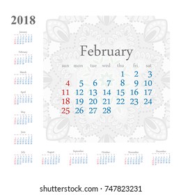 February 2018. Calendar template vector