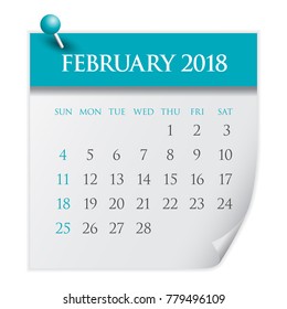 February 2018 calendar vector illustration, simple and clean design.