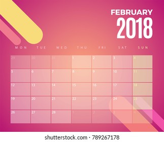 February 2018 Calendar. Vector schedule planner template design