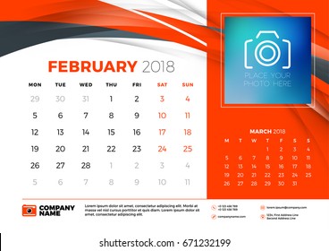 February 2018. Desk calendar design template with abstract background. Place for photo. Red and black colors. Two months on the page. Week starts on Monday. Vector Illustration