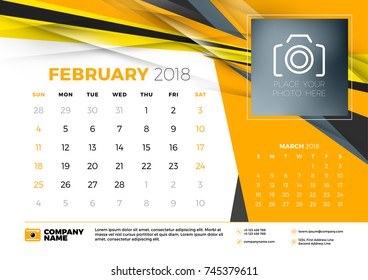 February 2018. Desk calendar design template with abstract background. Place for photo. Yellow and black colors. Two months on the page. Week starts on Sunday. Vector Illustration