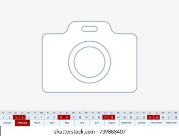 February 2018 for desk calendar. One line vector template calendar in English.