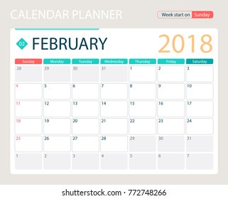 FEBRUARY 2018, illustration vector calendar or desk planner, weeks start on Sunday, size of paper for printing A4.