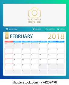 FEBRUARY 2018, illustration vector calendar or desk planner, weeks start on Sunday, size of paper for printing A4. Blue is a green color.