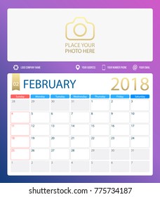 FEBRUARY 2018, illustration vector calendar or desk planner, weeks start on Sunday, size of paper for printing A4. Dark blue Violet color.