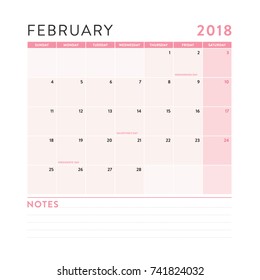 February 2018 Monthly Calendar with Notes Vector Illustration
