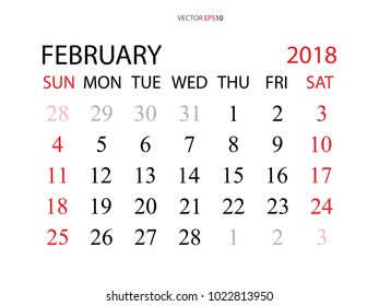 February 2018. Vector monthly calendar template 2018 year in simple style for template design. Week starts from Sunday.