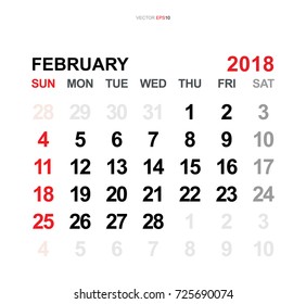 February 2018. Vector monthly calendar template 2018 year in simple style for template design. Week starts from Sunday.