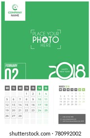 February 2018. Wall Calendar 2018. 2 Months on Page. Vector Design. Template with Place for Photo and Company Logo