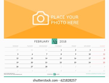 February 2018. Wall Monthly Calendar for 2018 Year. Vector Design Print Template with Place for Photo. Week Starts on Monday. Landscape Orientation