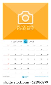 February 2018. Wall Monthly Calendar for 2018 Year. Vector Design Print Template with Place for Photo. Week Starts on Sunday. Portrait Orientation