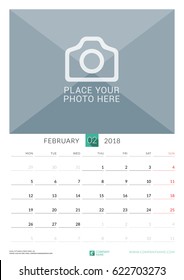 February 2018. Wall Monthly Calendar for 2018 Year. Vector Design Print Template with Place for Photo. Week Starts on Monday. Portrait Orientation