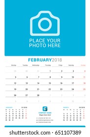 February 2018. Wall Monthly Calendar for 2018 Year. Vector Design Print Template with Place for Photo. Week Starts on Monday. 3 Months on Page